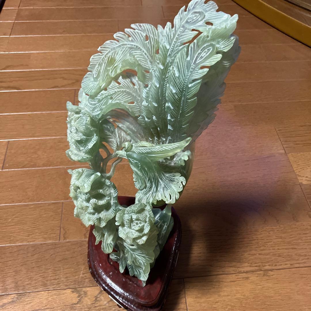 翡翠 鳥 牡丹 モチーフ 彫刻 約30cm 1.9kg