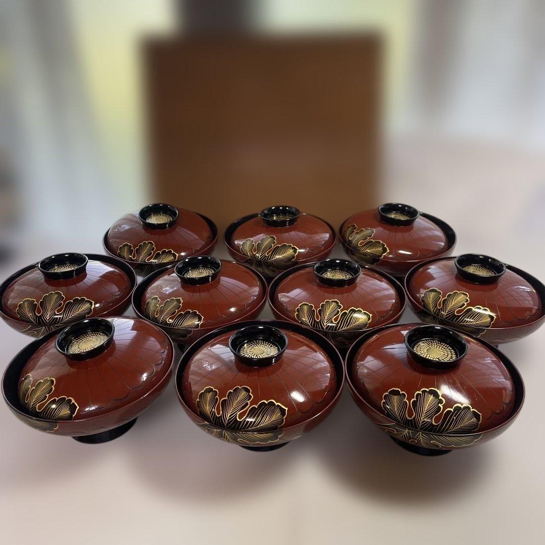 輪島塗 蓋付き吸物椀 10客　共箱　昭和レトロ　アンティーク　金彩（管理2）