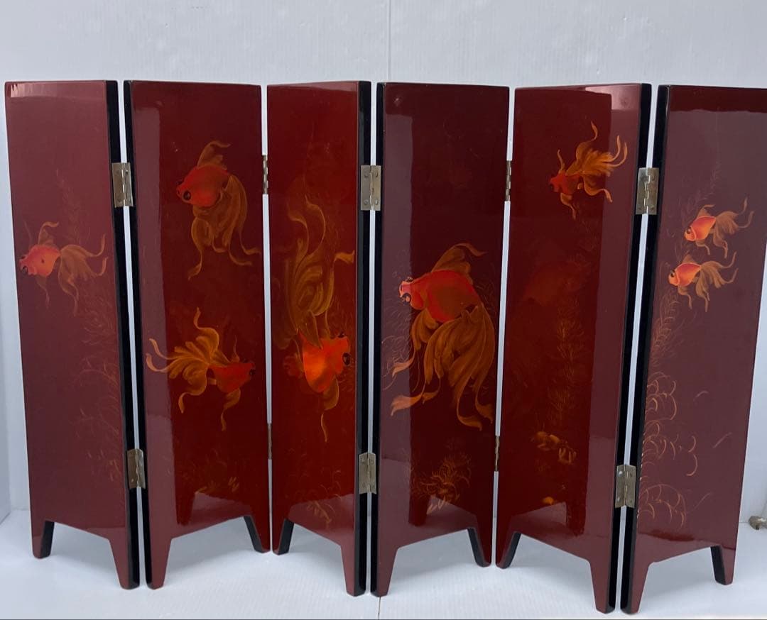 【螺鈿細工】卓上屏風　衝立　漆器　インテリア　美術品　花鳥　金魚　コレクション
