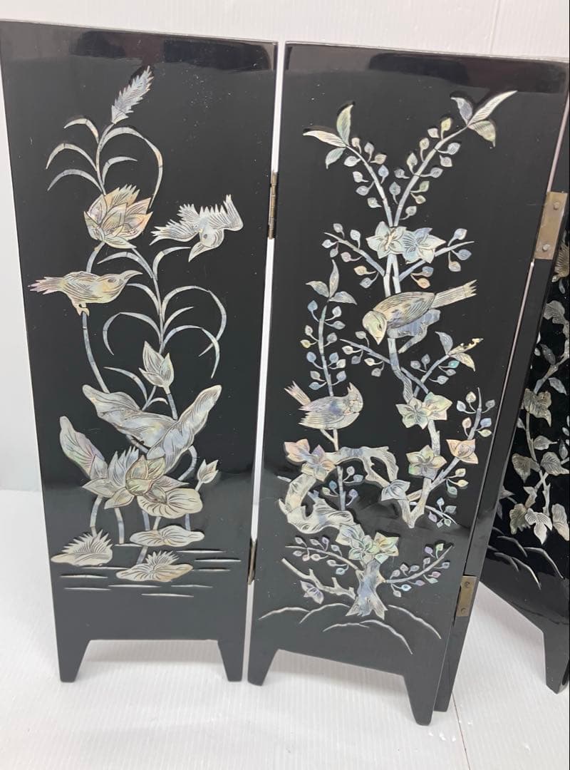 【螺鈿細工】卓上屏風　衝立　漆器　インテリア　美術品　花鳥　金魚　コレクション