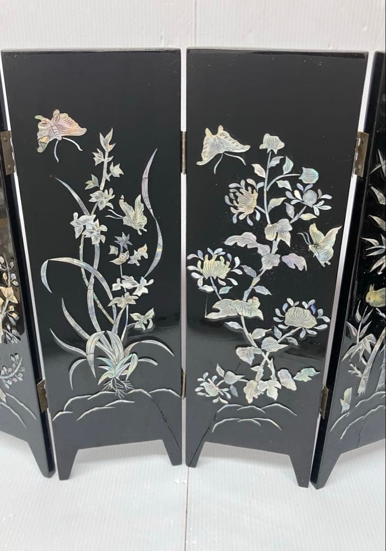 【螺鈿細工】卓上屏風　衝立　漆器　インテリア　美術品　花鳥　金魚　コレクション