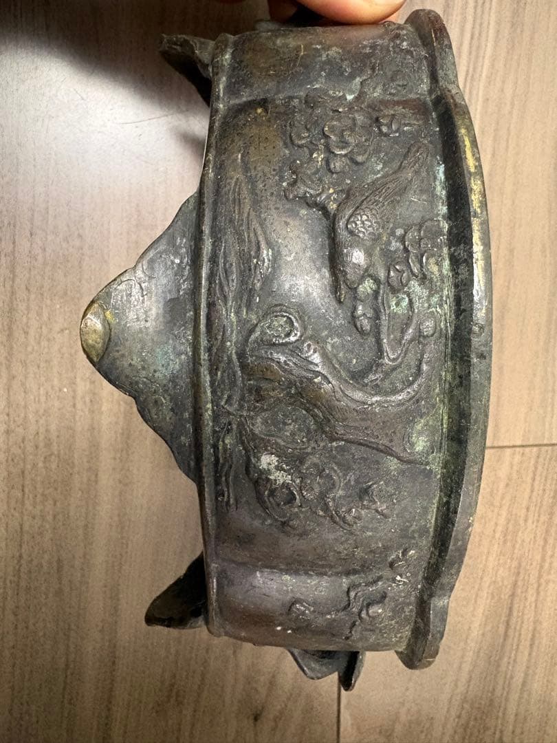 銅器　小振り　水盤　砂鉢　華道　花器　煎茶道具　茶室　花鳥図 古銅製 時代物
