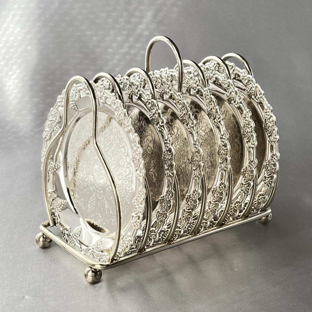 【英国】 葡萄のコースター 6枚 スタンド【シルバープレート】