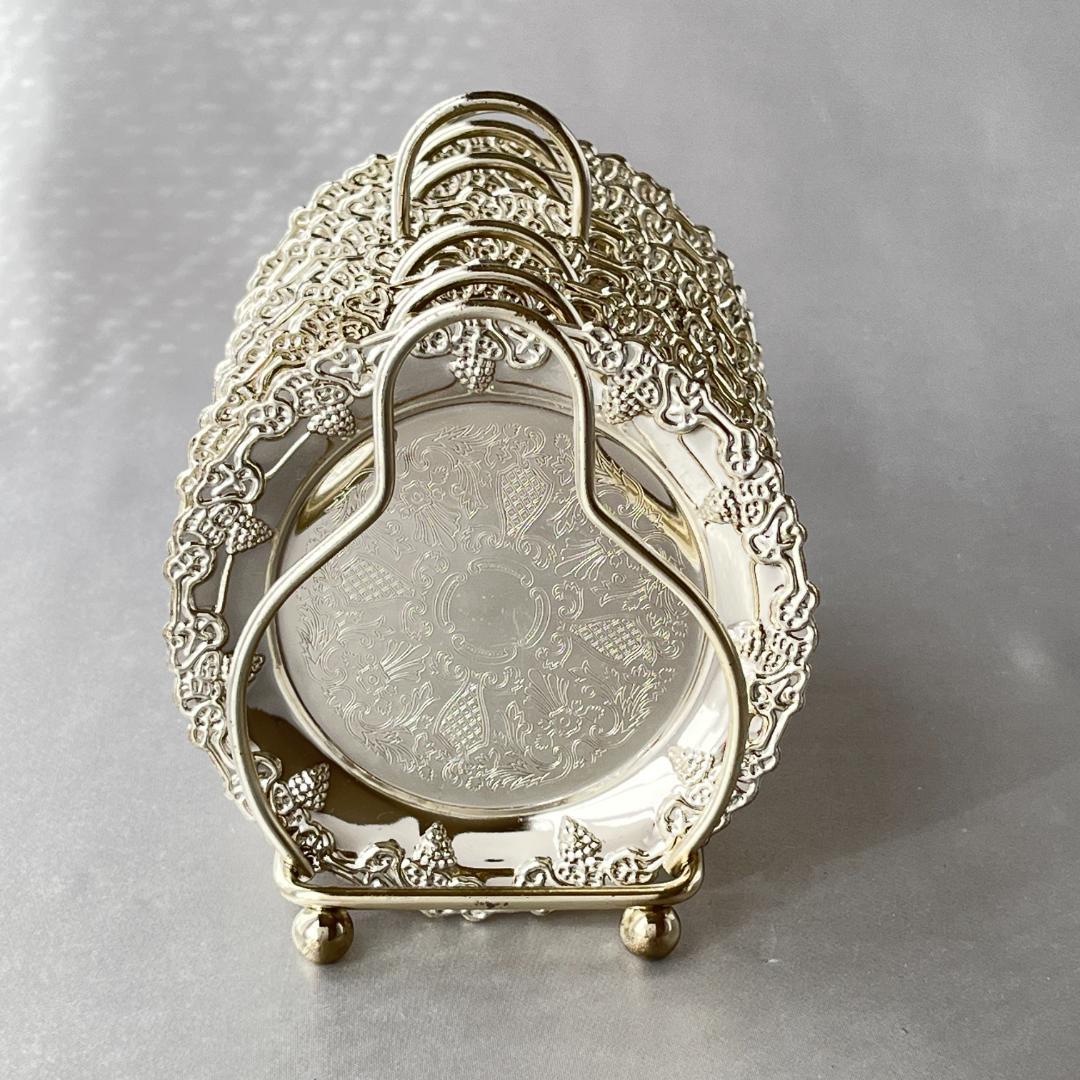 【英国】 葡萄のコースター 6枚 スタンド【シルバープレート】