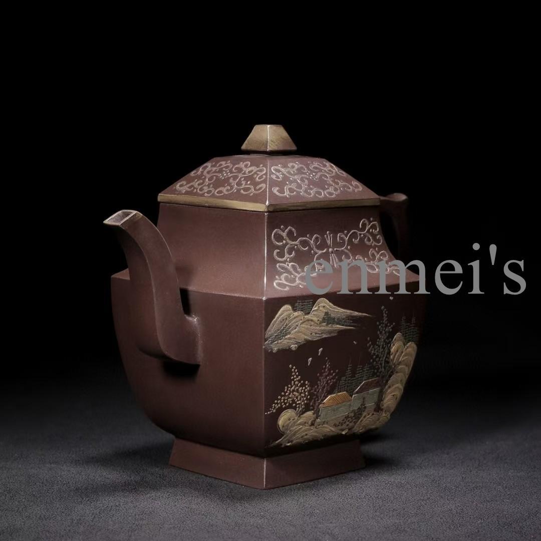 中国古美術・紫砂四方壺・原鉱紫泥・底款杨季初・急須・茶壺・山水風景と書紋・茶道具