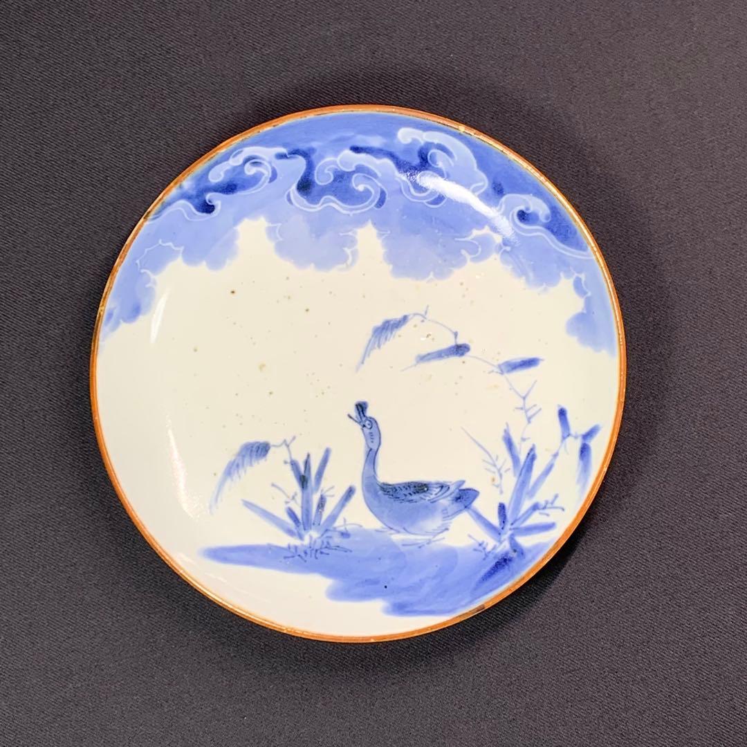 K613⭐︎藍九谷 雲に水辺の鳥文 六寸皿 墨弾き 完品 中皿 古美術