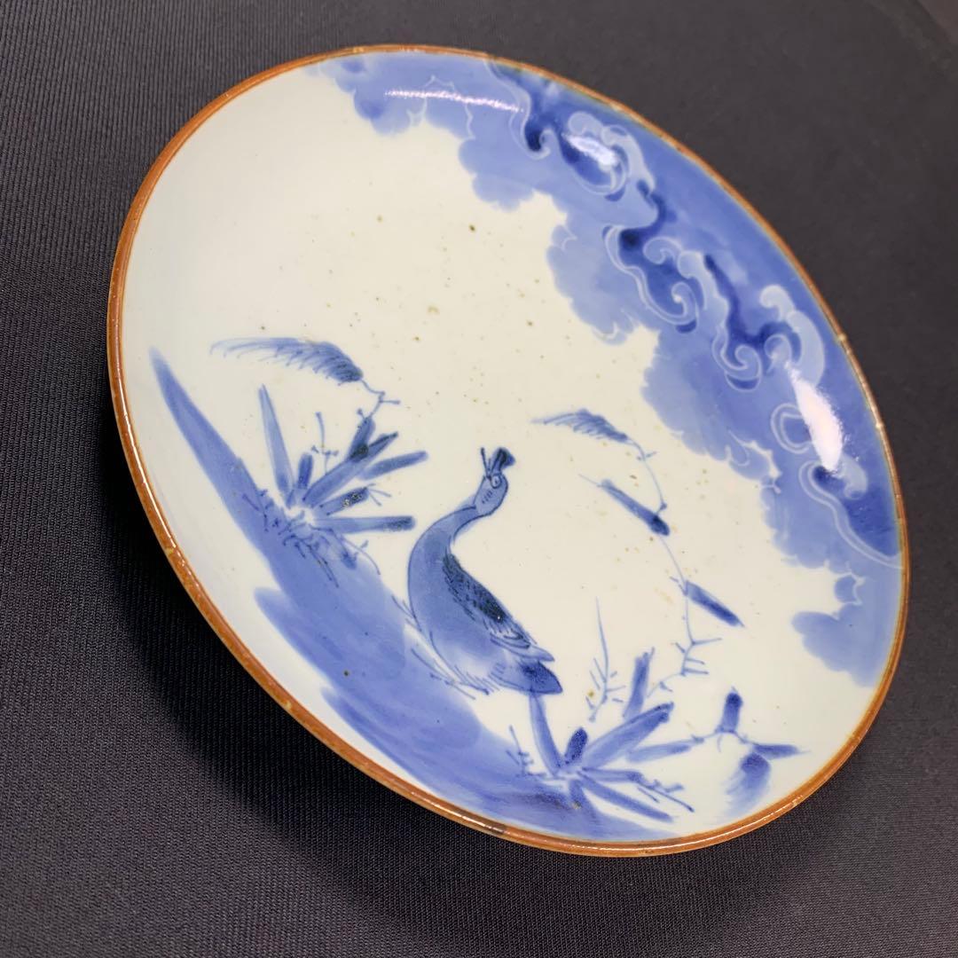 K613⭐︎藍九谷 雲に水辺の鳥文 六寸皿 墨弾き 完品 中皿 古美術