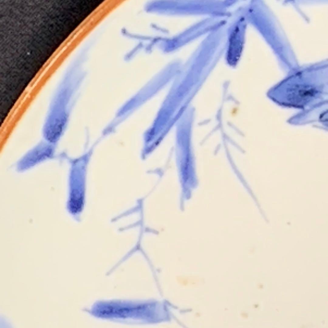 K613⭐︎藍九谷 雲に水辺の鳥文 六寸皿 墨弾き 完品 中皿 古美術