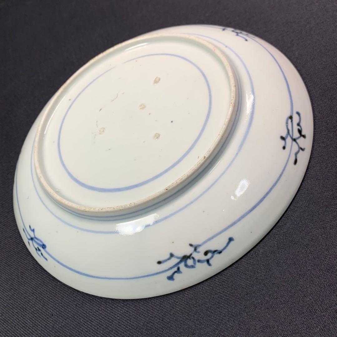 K613⭐︎藍九谷 雲に水辺の鳥文 六寸皿 墨弾き 完品 中皿 古美術