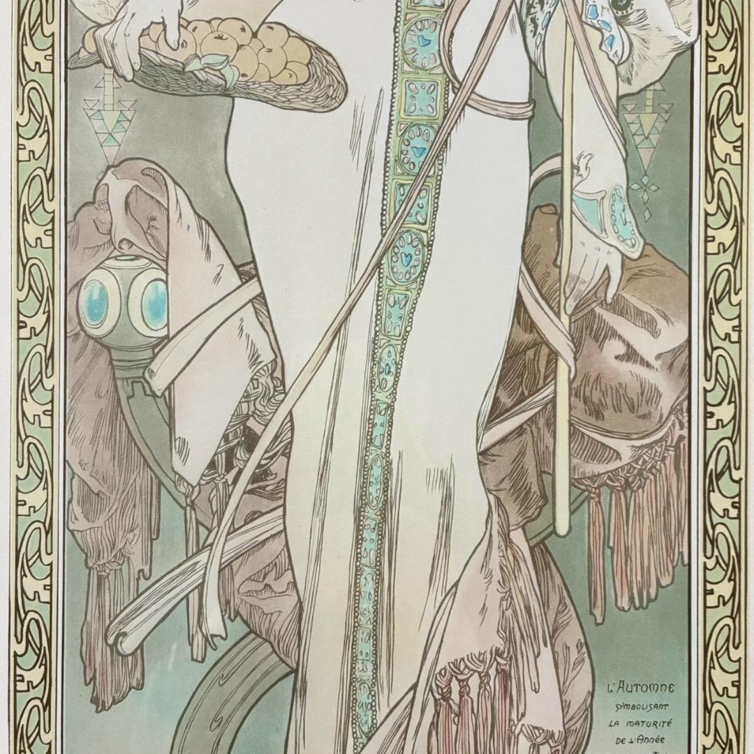 美品 アルフォンス・ミュシャ「四季・秋」リトグラフ 摺師サイン入り お洒落額装