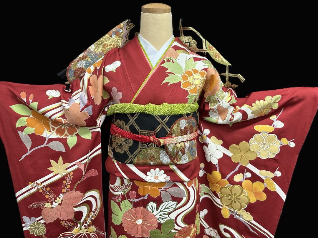 逸品 千總 赤地 刺繍 流水文 花 桐 振袖 川島織物 フルセット 松坂屋誂え