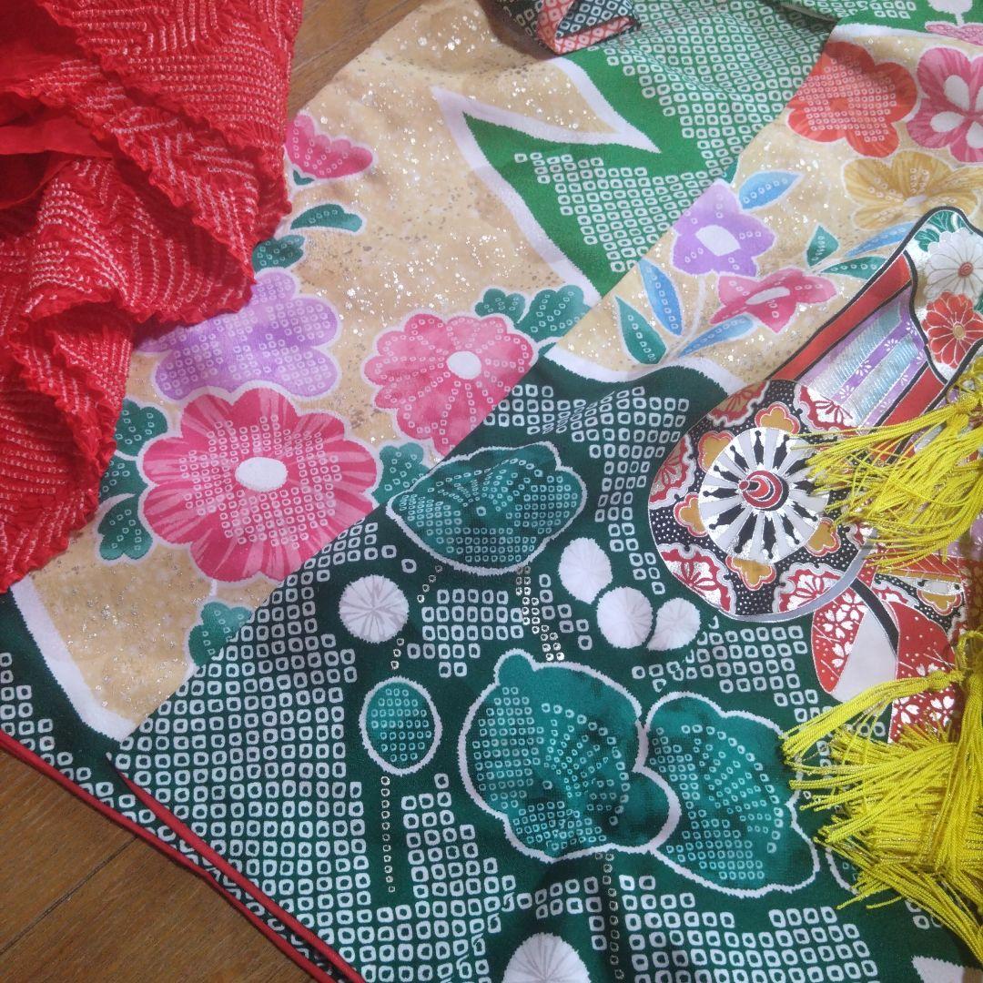 七歳★花緑の鹿の子柄★帯草履はこせこ