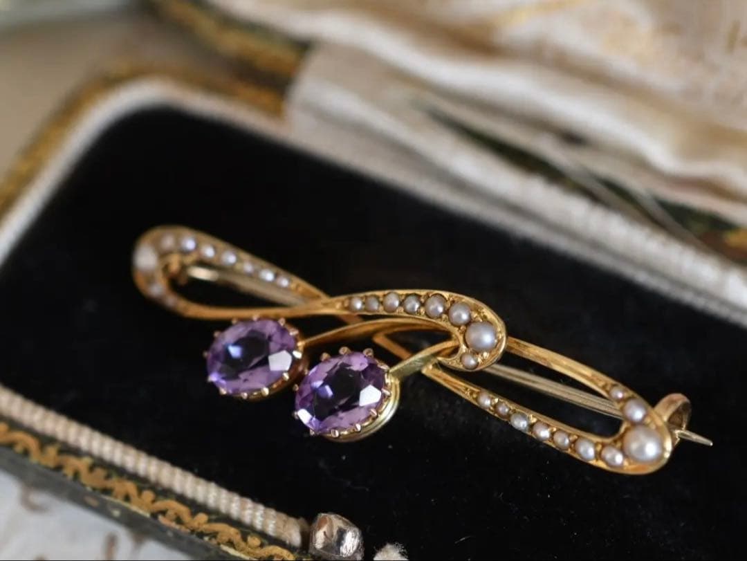 アンティーク　ブローチ　アメジスト　パール　15ct ゴールド