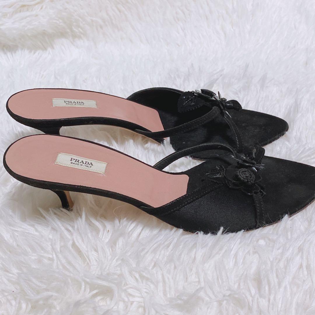 プラダ PRADAレザー フラワー サンダル ミュール 黒 36