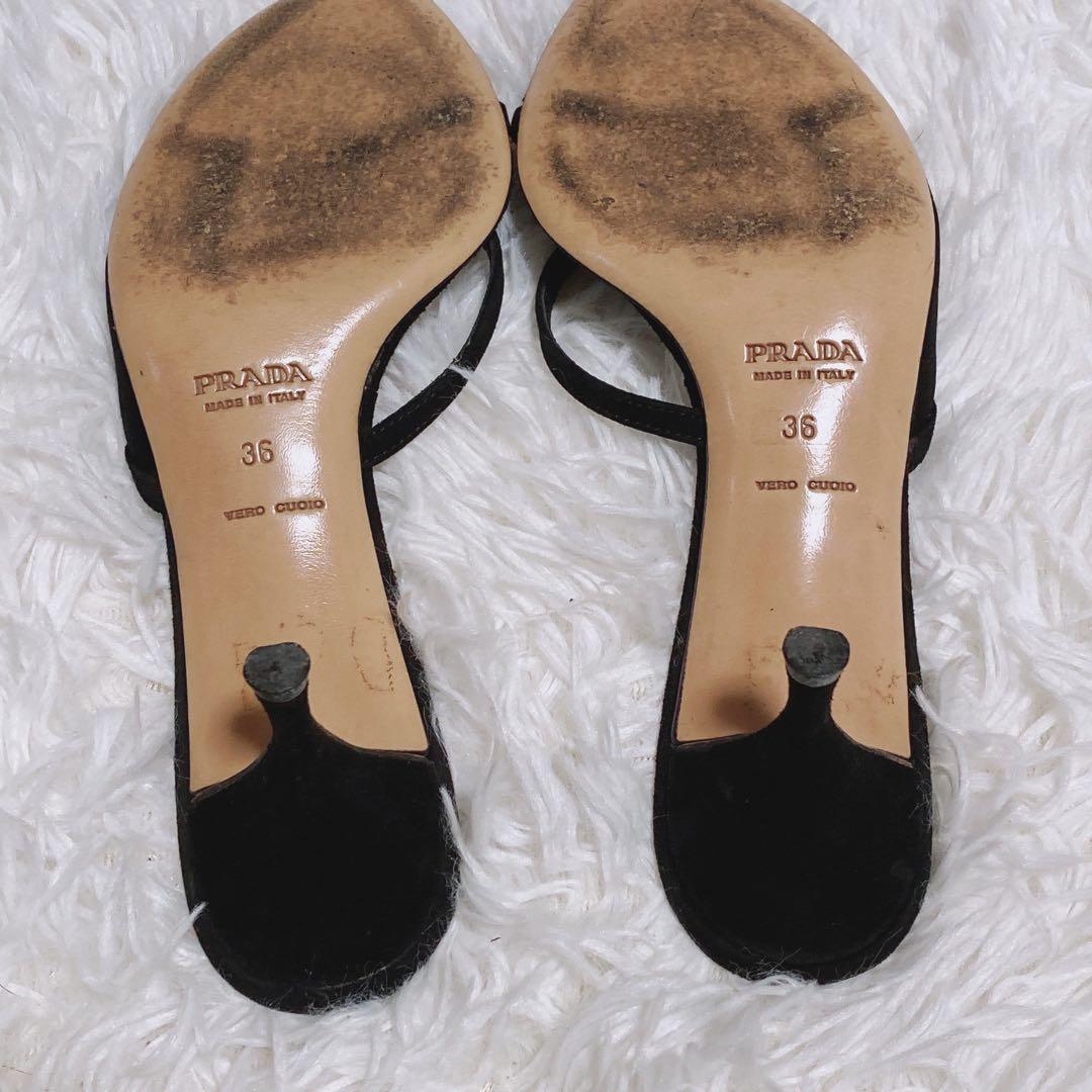 プラダ PRADAレザー フラワー サンダル ミュール 黒 36