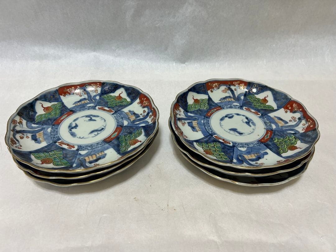 希少江戸時代 富長貴春 豆皿手塩皿 錦絵 色絵金彩時代物6点木箱あり直径21.5