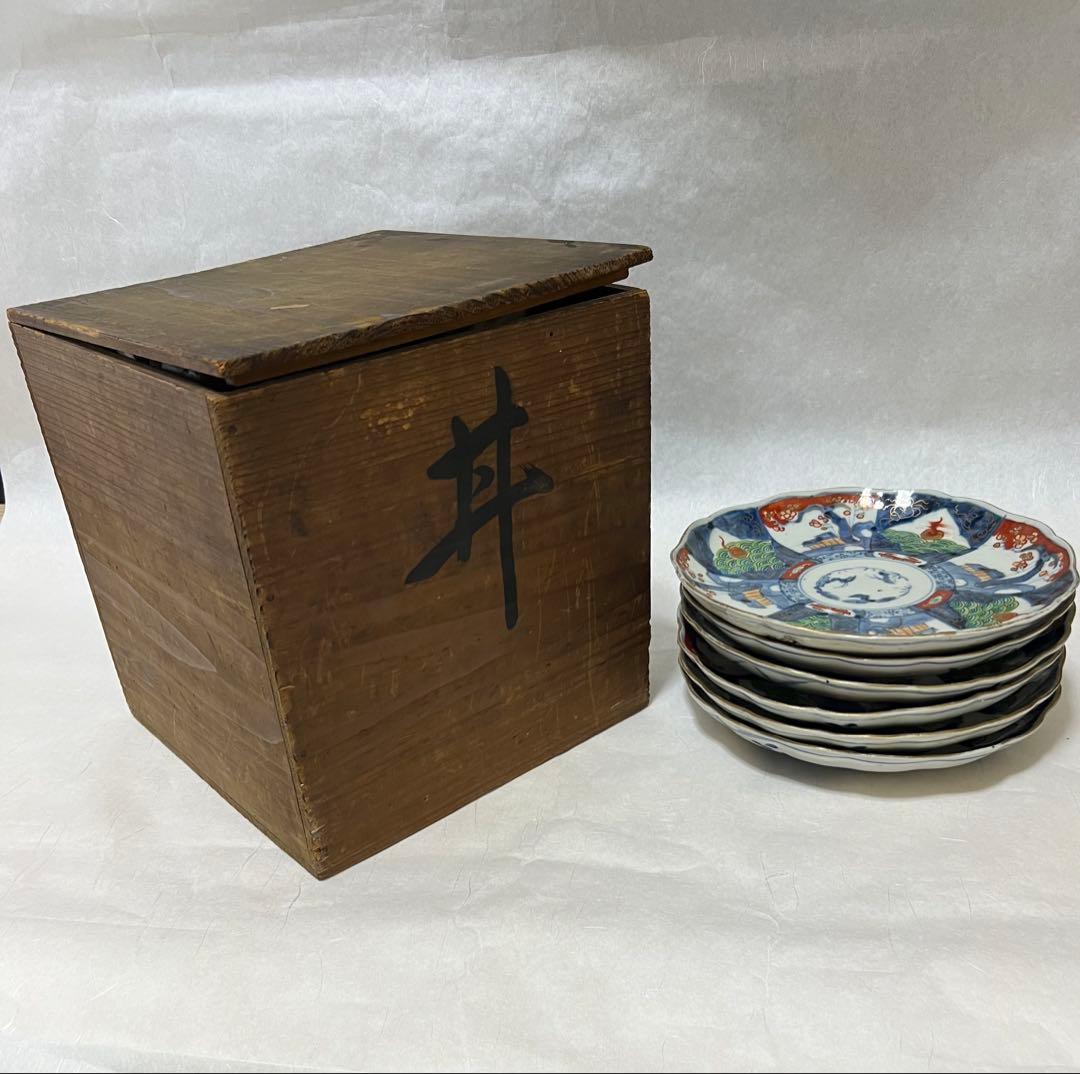 希少江戸時代 富長貴春 豆皿手塩皿 錦絵 色絵金彩時代物6点木箱あり直径21.5