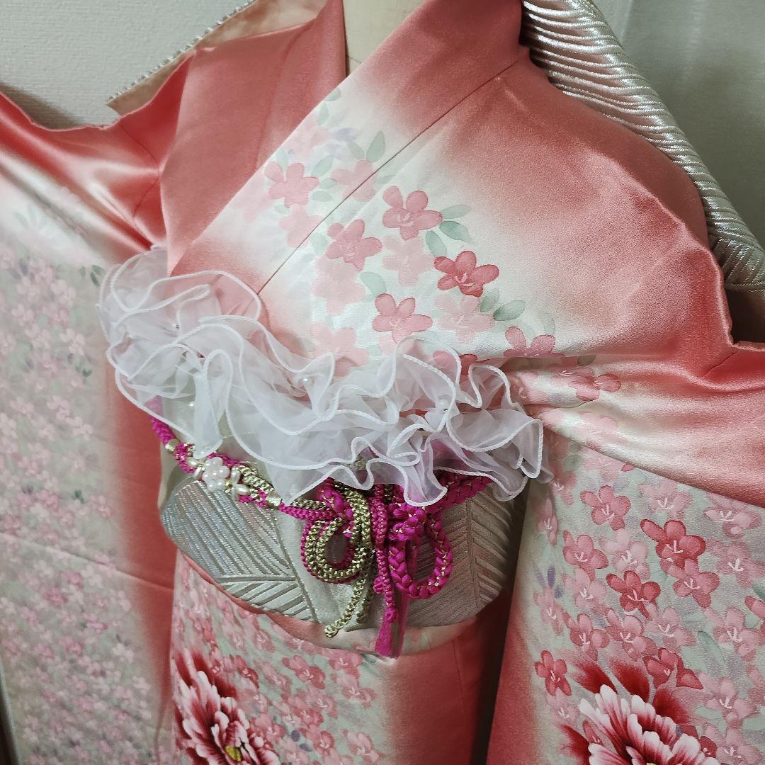 成人式正絹振袖フルセット　三越　上品　苺ピンク色　手描き暈し染め