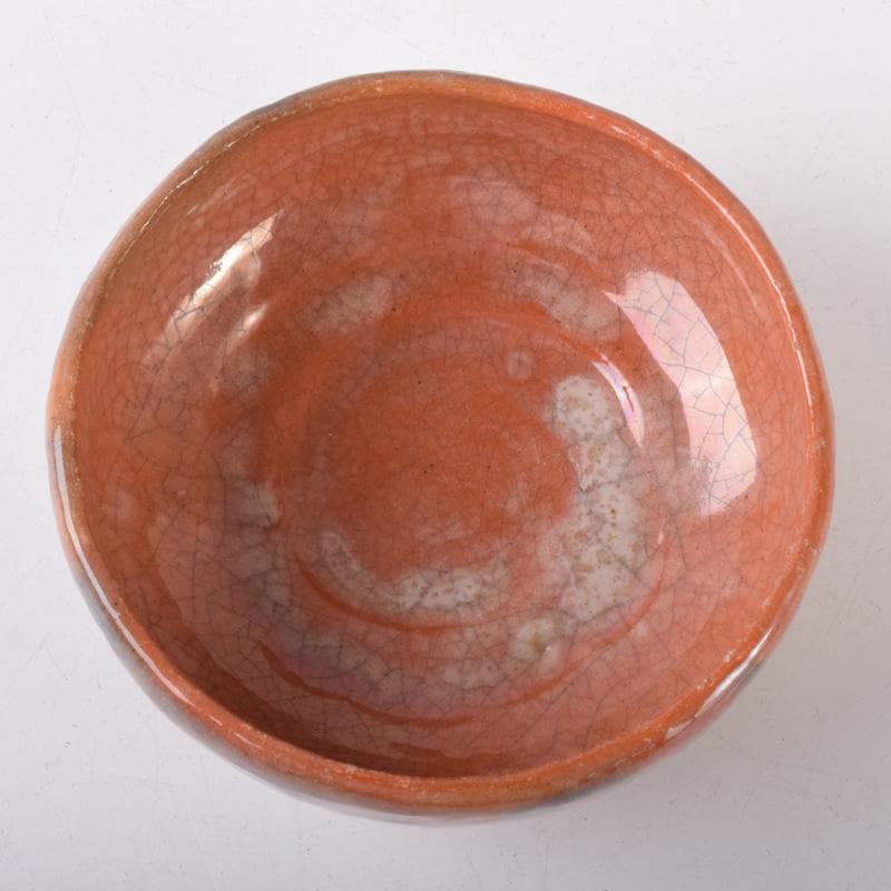 茶道具　楽焼　小川長楽造　花蟹文　赤楽平茶碗　夏茶碗　時代箱　C　7393