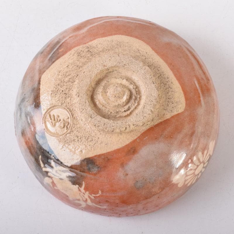 茶道具　楽焼　小川長楽造　花蟹文　赤楽平茶碗　夏茶碗　時代箱　C　7393