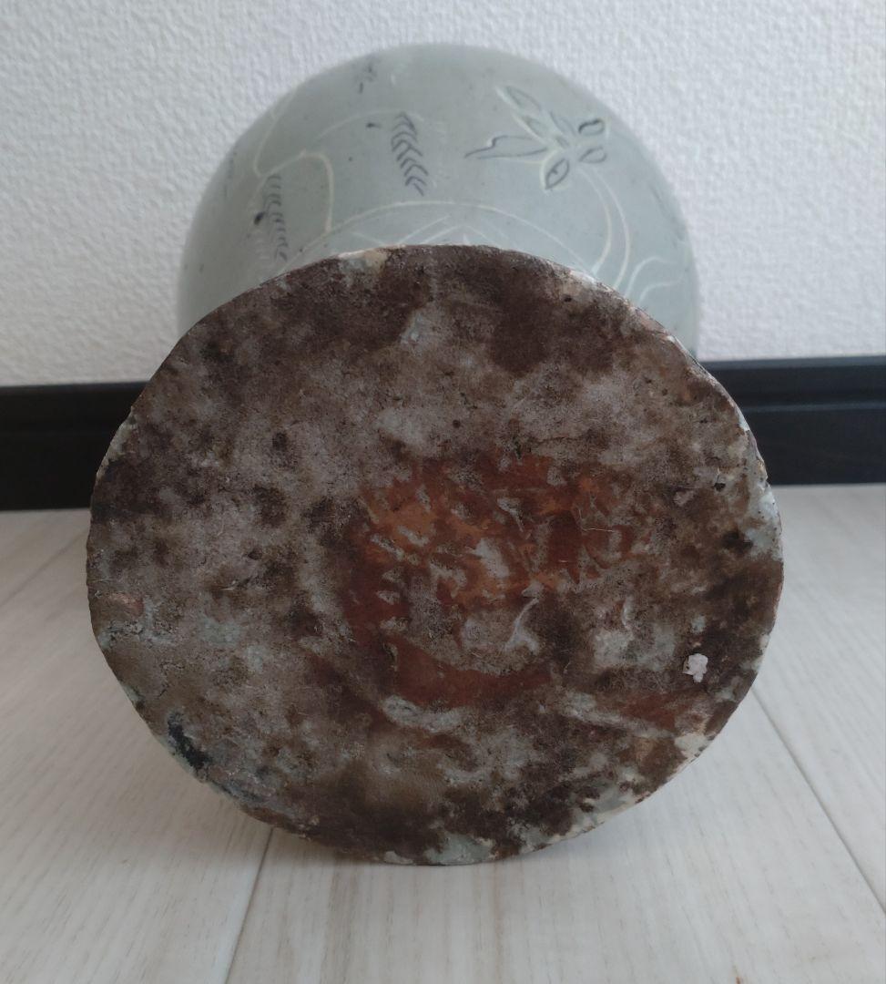 李朝　高麗青磁　白黒象嵌　朝鮮美術　梅瓶　骨董　陶芸　陶磁器　29cm高程