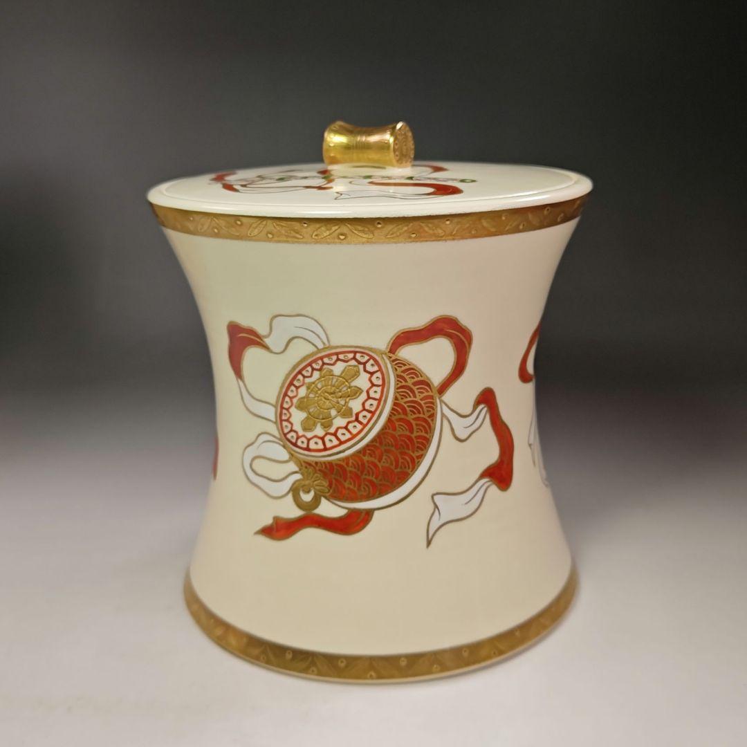 イ696 水指『平安　山岡善昇造』『色絵鼓形楽器尽くし　水指　共箱』茶道具