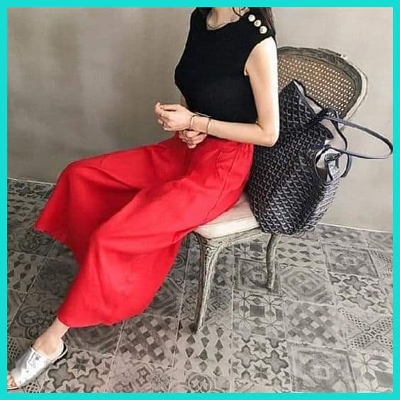 リネンパンツ♡ 赤 カラーパンツ ガウチョパンツ フレア 上品 ブーツに◎ M