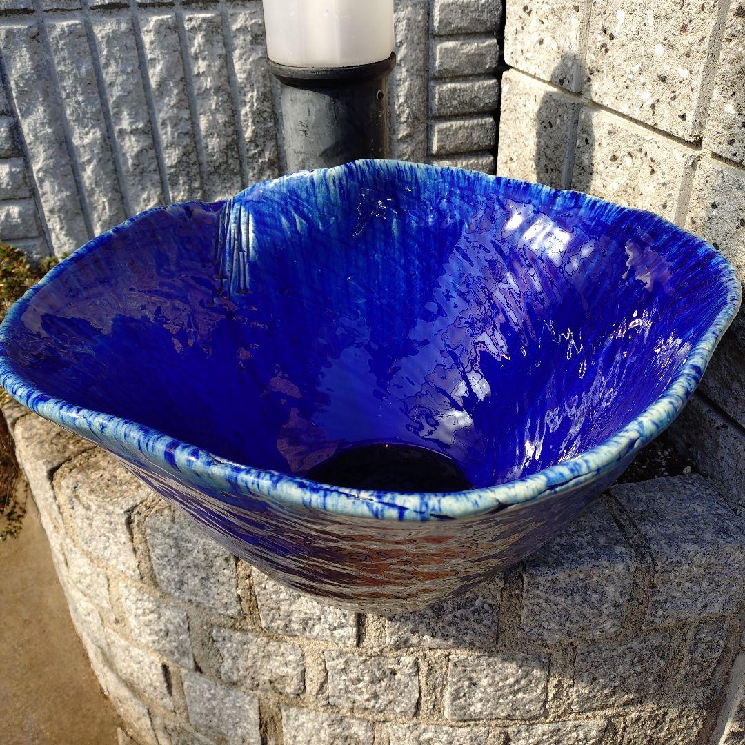 信楽焼　ブルーガラス　手作りメダカ鉢　49㌢水連鉢　ビオトープ　めだか鉢