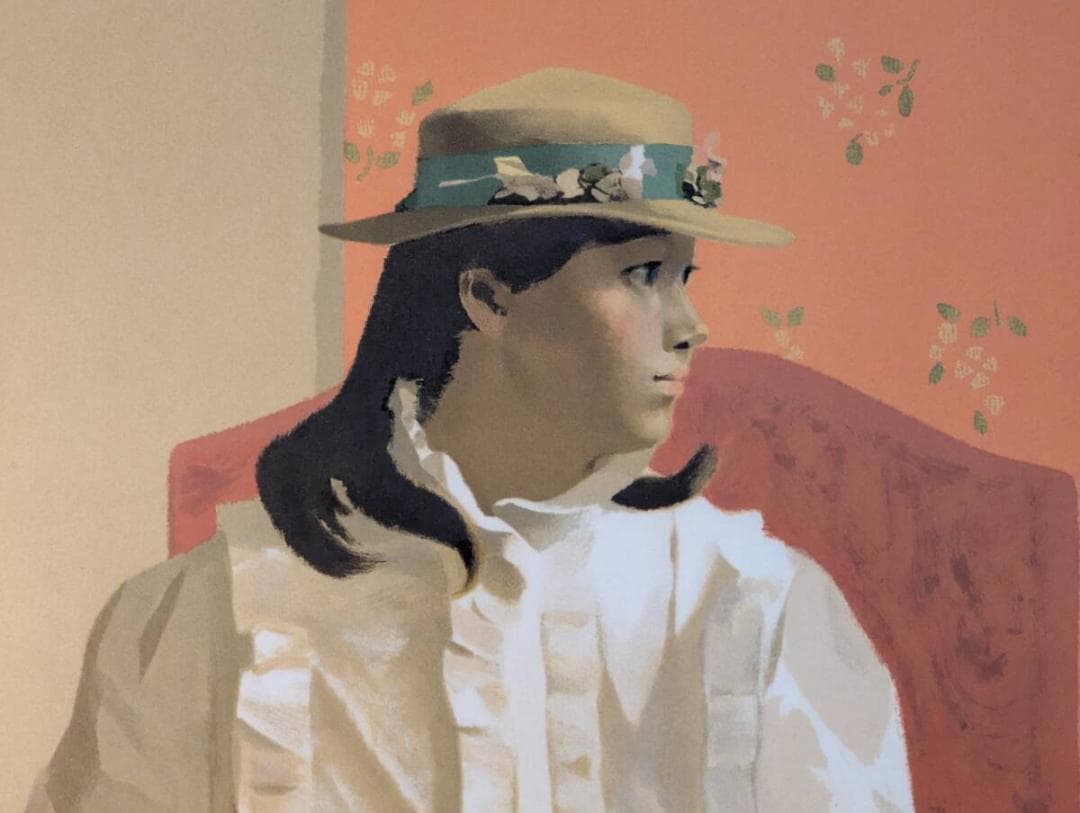 【真作】版画　中村清治　リトグラフ　花帽子の肖像　エレガントな横顔　箱入　Y2