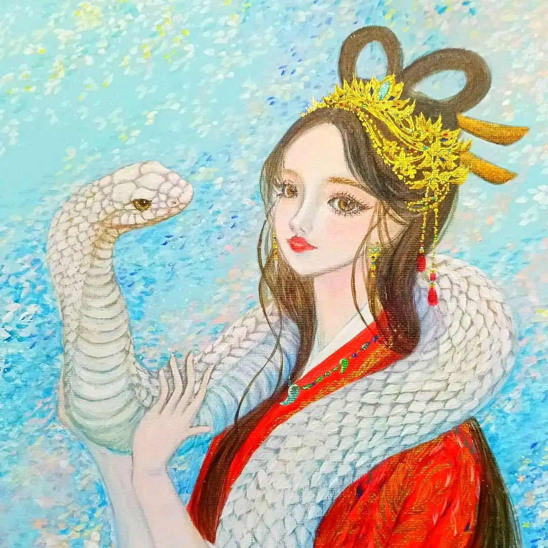 No.550 アクリル画　弁財天　白蛇　弁天様　蛇の絵　開運絵画　原画