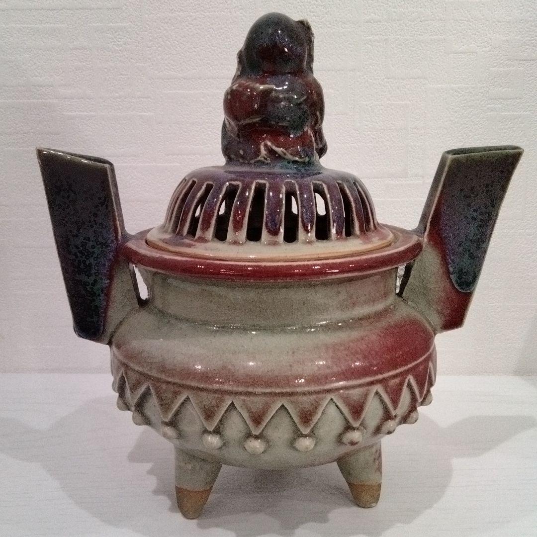 u159　香春焼 在銘 辰砂香炉 仏摘 大振　高さ21.5㎝