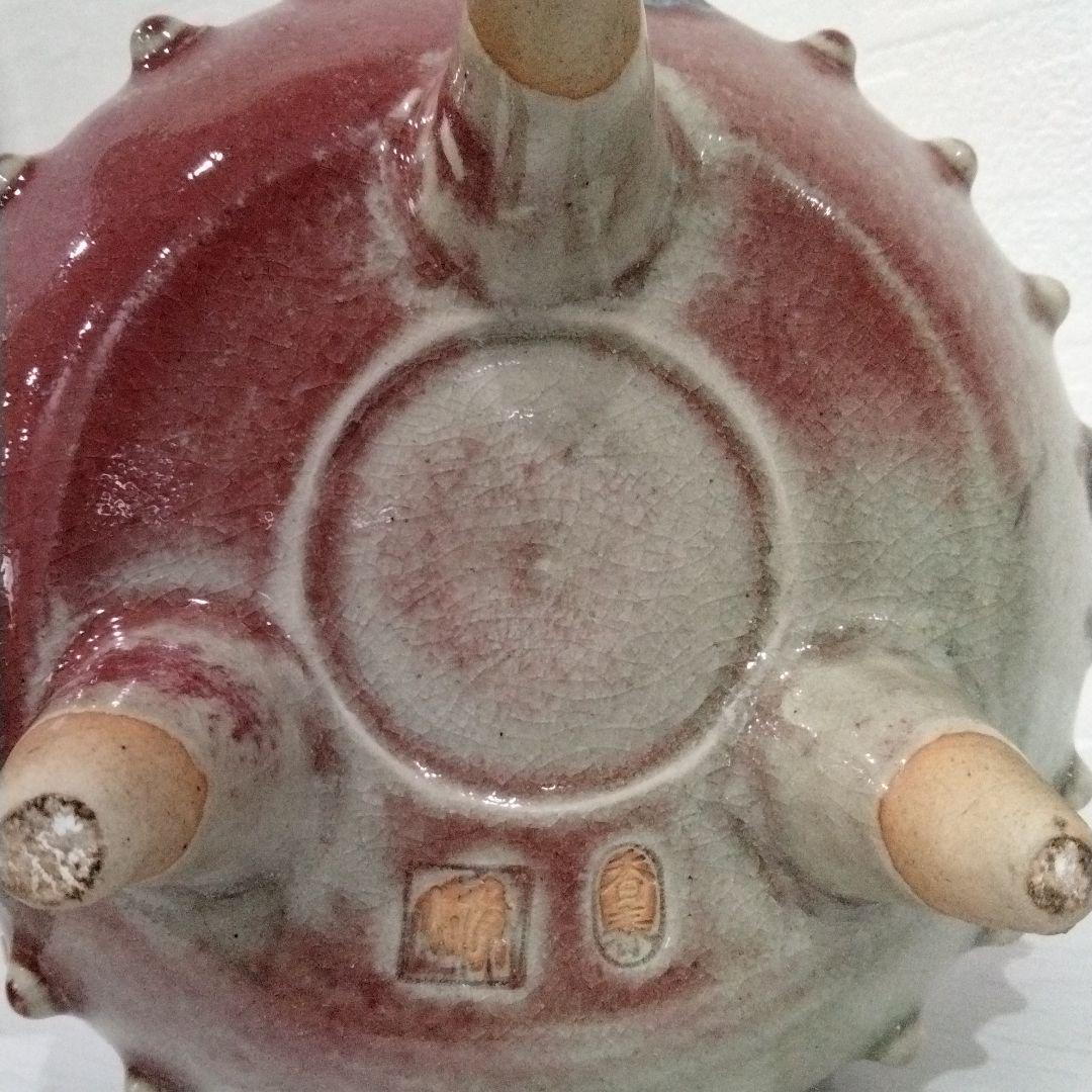 u159　香春焼 在銘 辰砂香炉 仏摘 大振　高さ21.5㎝