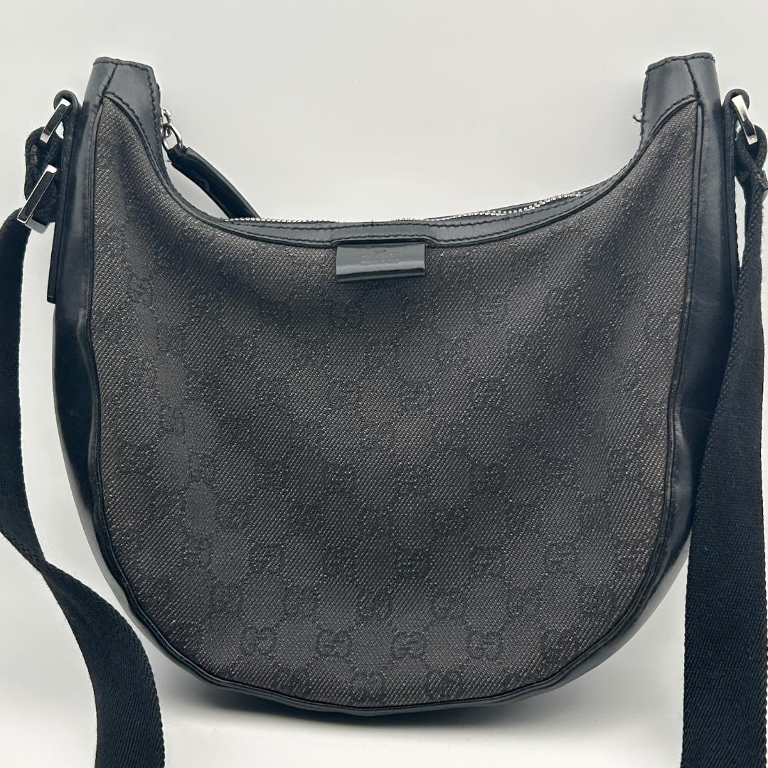 美品✨グッチ ハーフムーン ショルダーバッグ キャンバス GG ブラック レザー