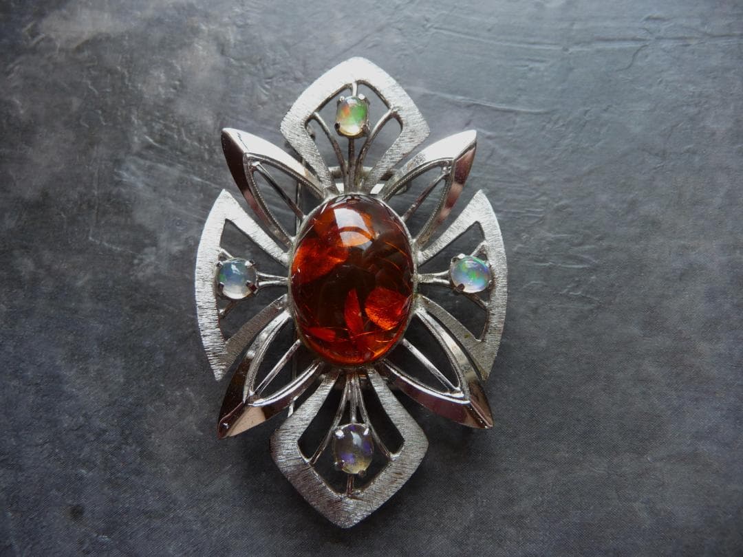 最終　琥珀　ウォーターオパール　帯留　ブローチ　ペンダント