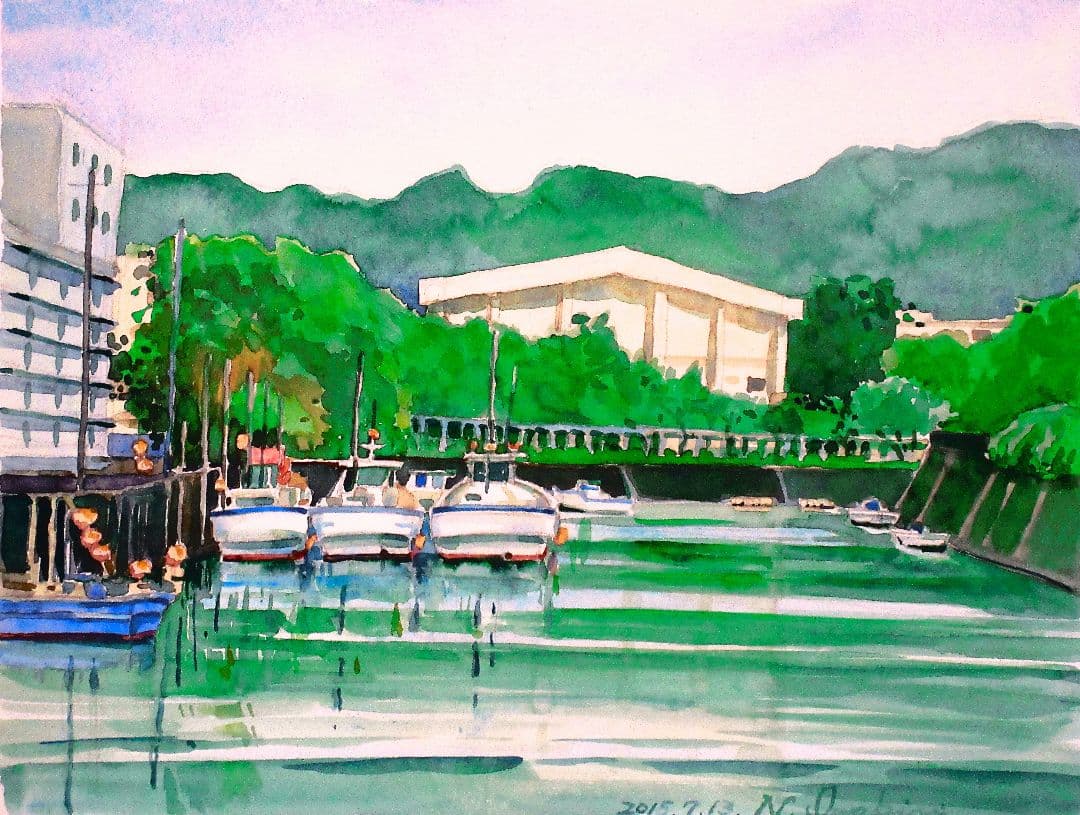 水彩画 平作川からの景色、額装付き、原画