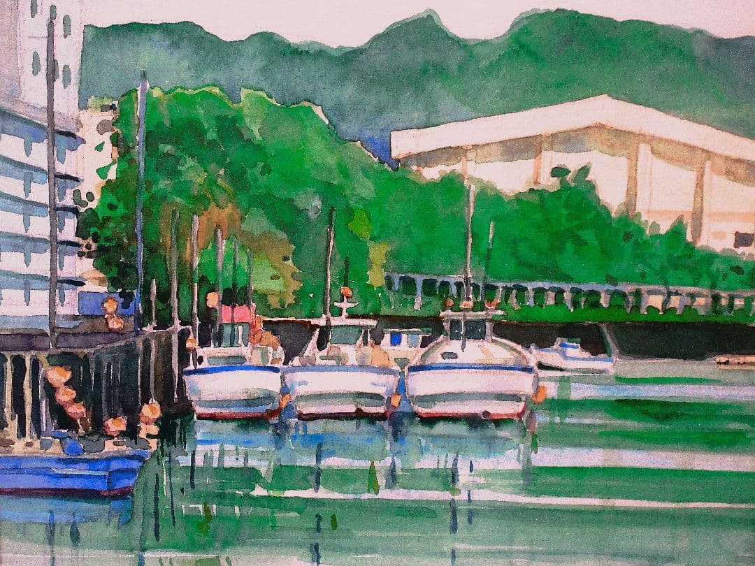 水彩画 平作川からの景色、額装付き、原画