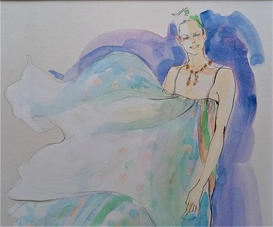 Akiサイン　「ファッション」　鉛筆デッサンに水彩画　　真作