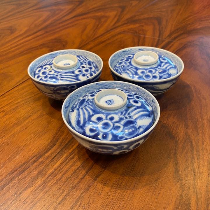 古伊万里染付蓋付き飯茶碗　3個セット