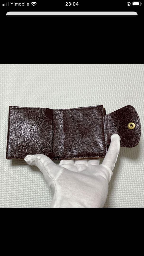 未使用IL BISONTEレザーがま口三つ折り財布　グリーン×チョコ　袋付き