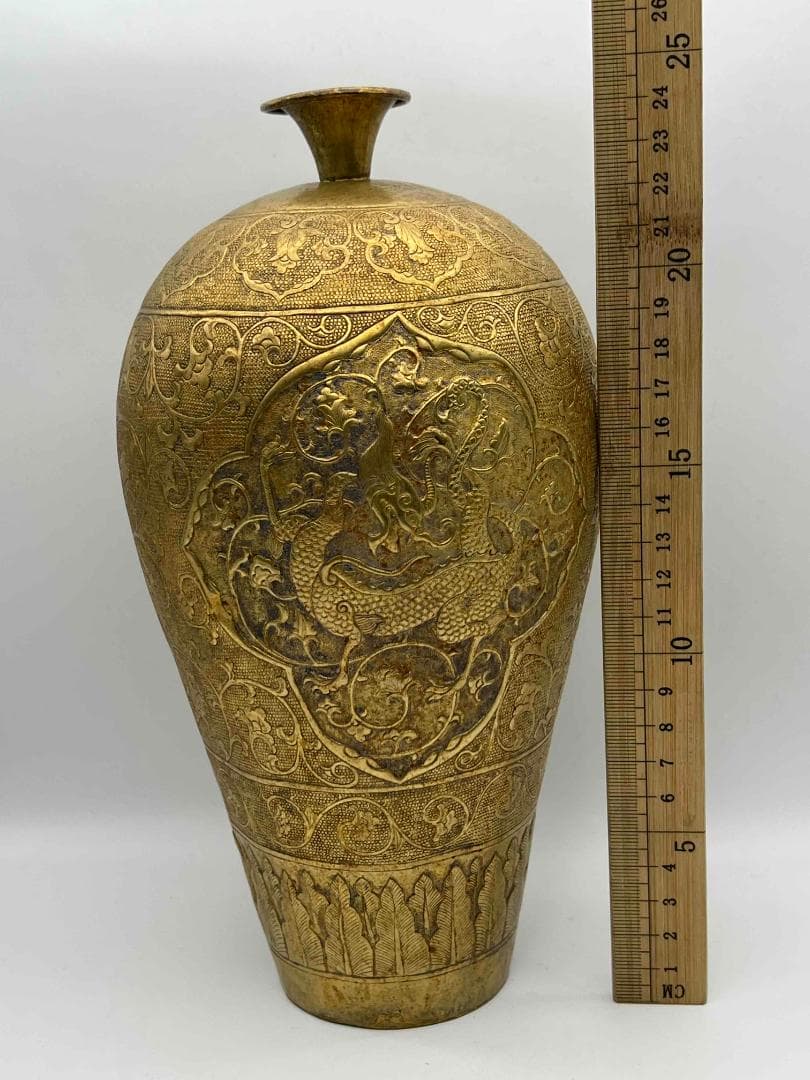 唐時代　金象嵌　鏨彫龍鳳吉祥蓮唐草花芭蕉文大瓶　瑞獸図　瑞龍鳳凰紋(E-83)