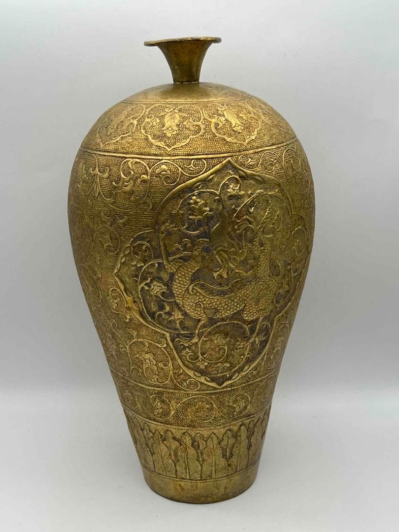 唐時代　金象嵌　鏨彫龍鳳吉祥蓮唐草花芭蕉文大瓶　瑞獸図　瑞龍鳳凰紋(E-83)