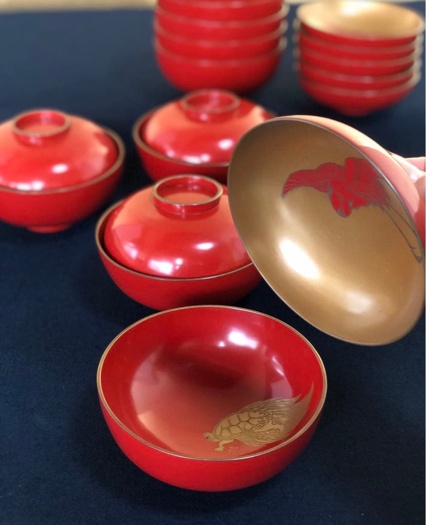 《レ》朱塗 鶴亀蒔絵 蓋内金 吸物椀5客 木製漆器 時代　251110う5