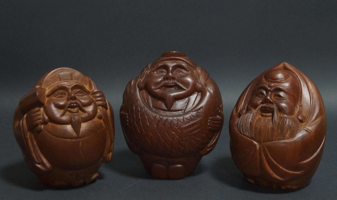 開運 細工木彫り『恵比寿/大黒天/寿老人』 三星福禄寿セット一刀彫り 縁起物置物