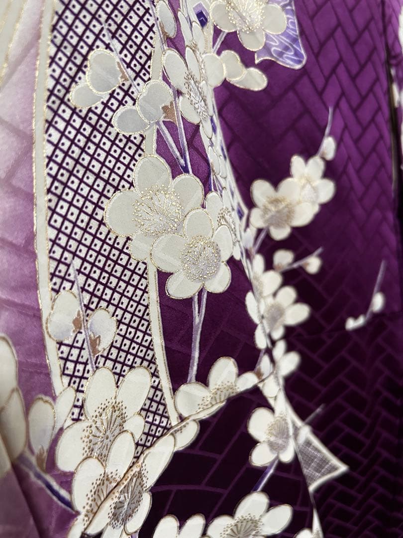 正絹 振袖 紫 古典柄 梅牡丹 金彩 地紋 身丈159 裄63 袖丈105