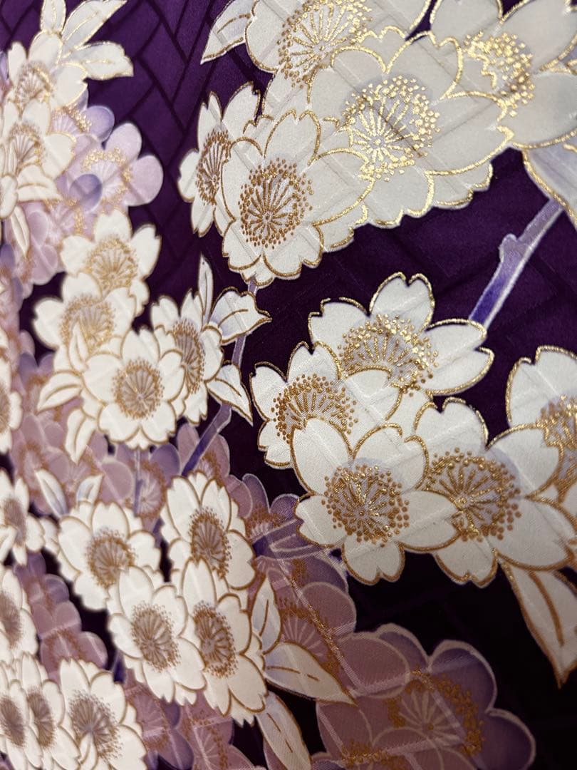 正絹 振袖 紫 古典柄 梅牡丹 金彩 地紋 身丈159 裄63 袖丈105