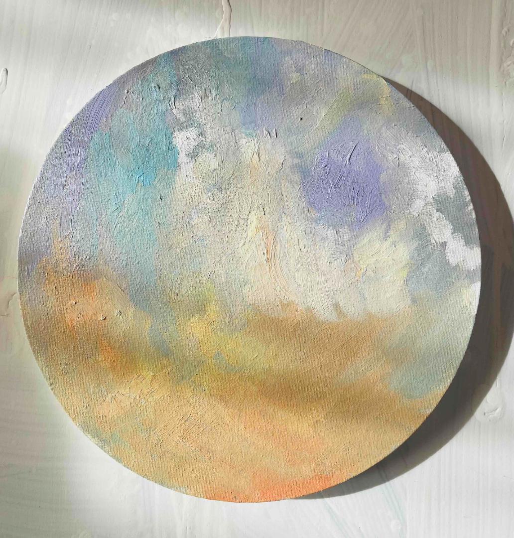 油彩 絵画 『空』丸形アートパネル 直径25cmインテリア 絵画 原画