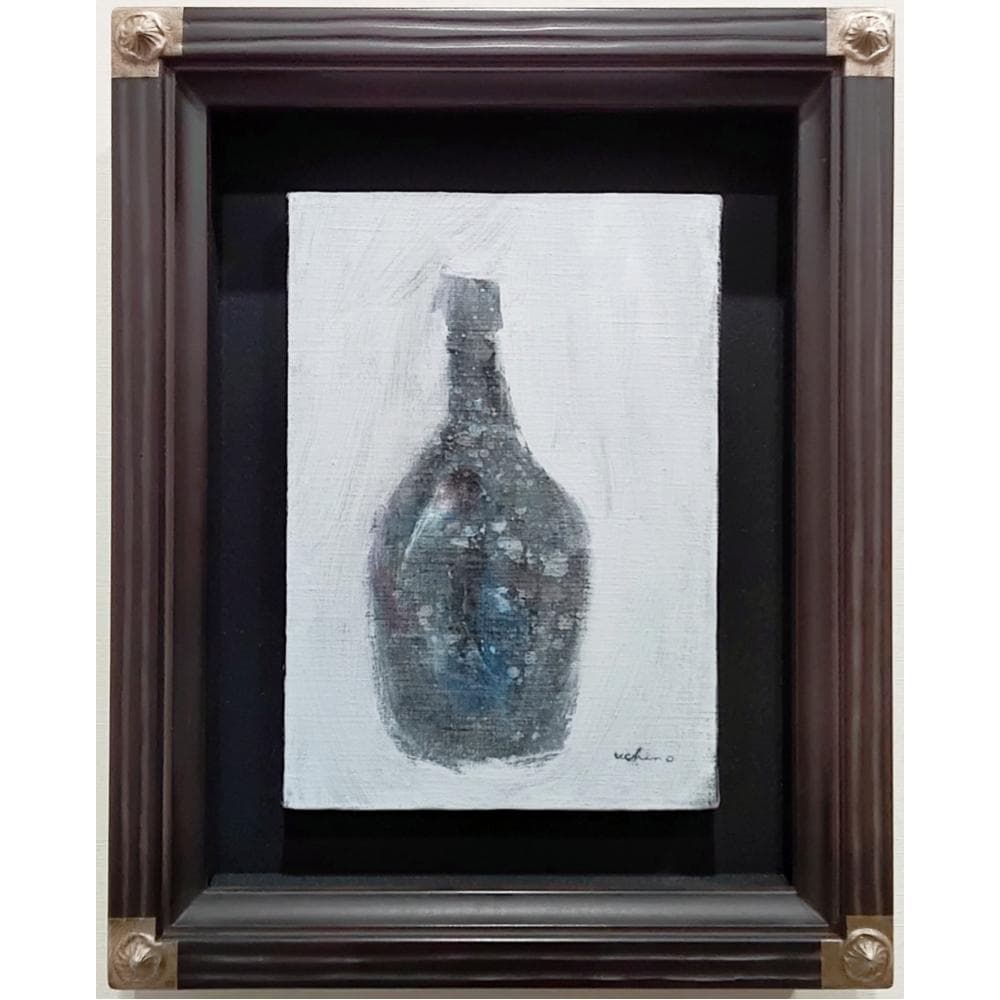 内野隆文　ワインボトル　絵画　キャンバスにアクリル　サムホール　額付　静物画