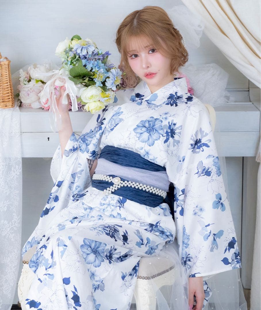 浴衣ワンピース2way水彩ニュアンスブルーフラワーゆかた3点