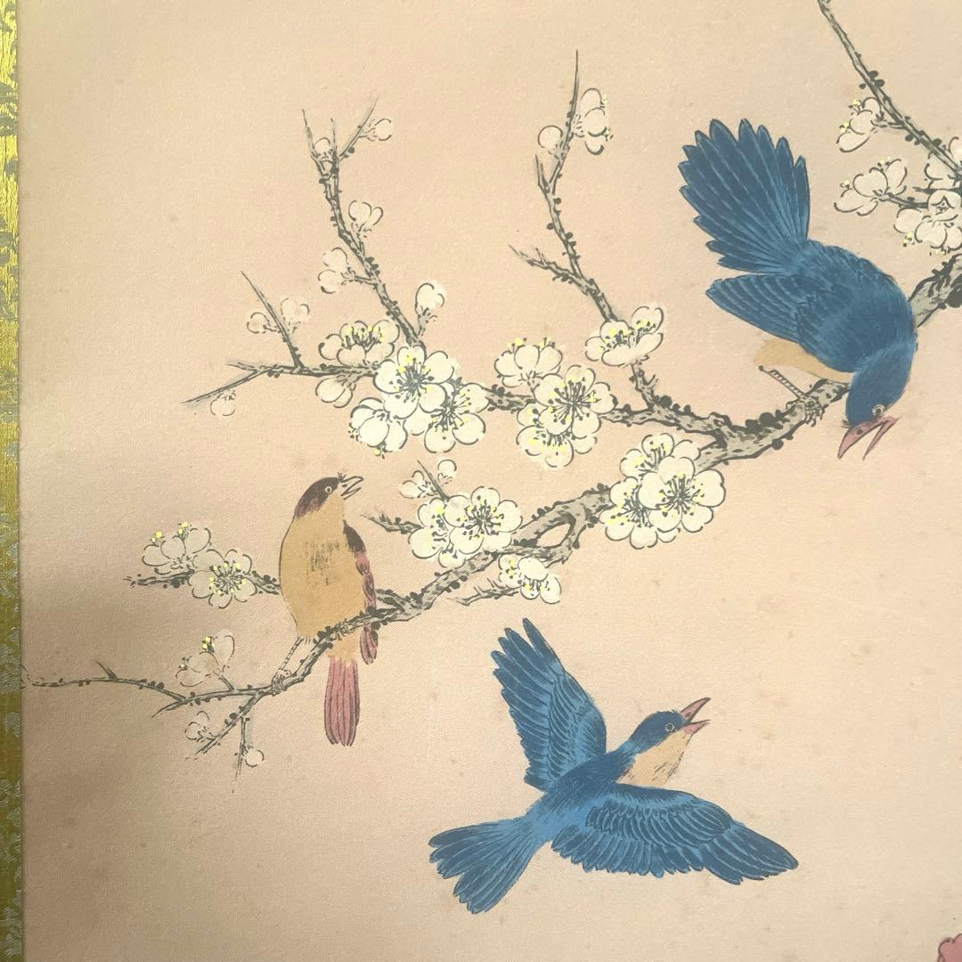 掛け軸　絹本掛軸　花鳥　牡丹　梅　在銘 落款 当時物 掛軸 錦雲　アンティーク