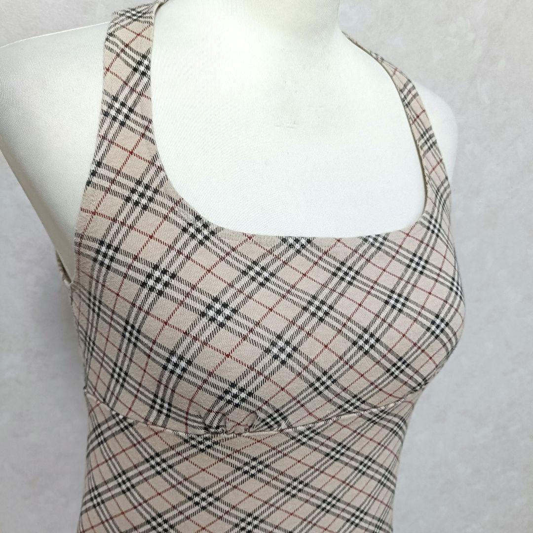 バーバリーブルーレーベル ホルターネック風カットソー ノバチェック ホース刺繍